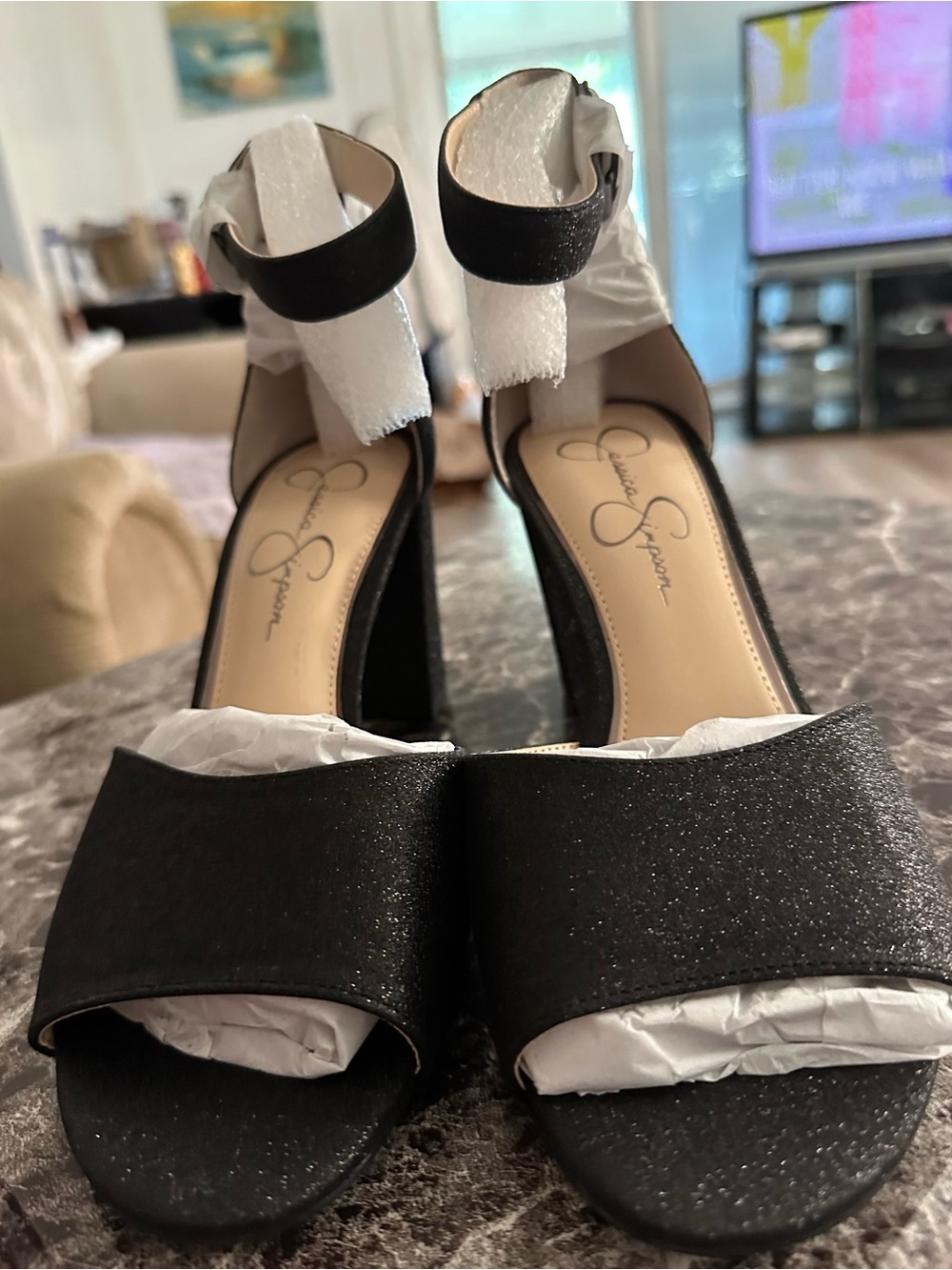 Jessica Simpson Black Glitter Ankle-Strap Block Heels